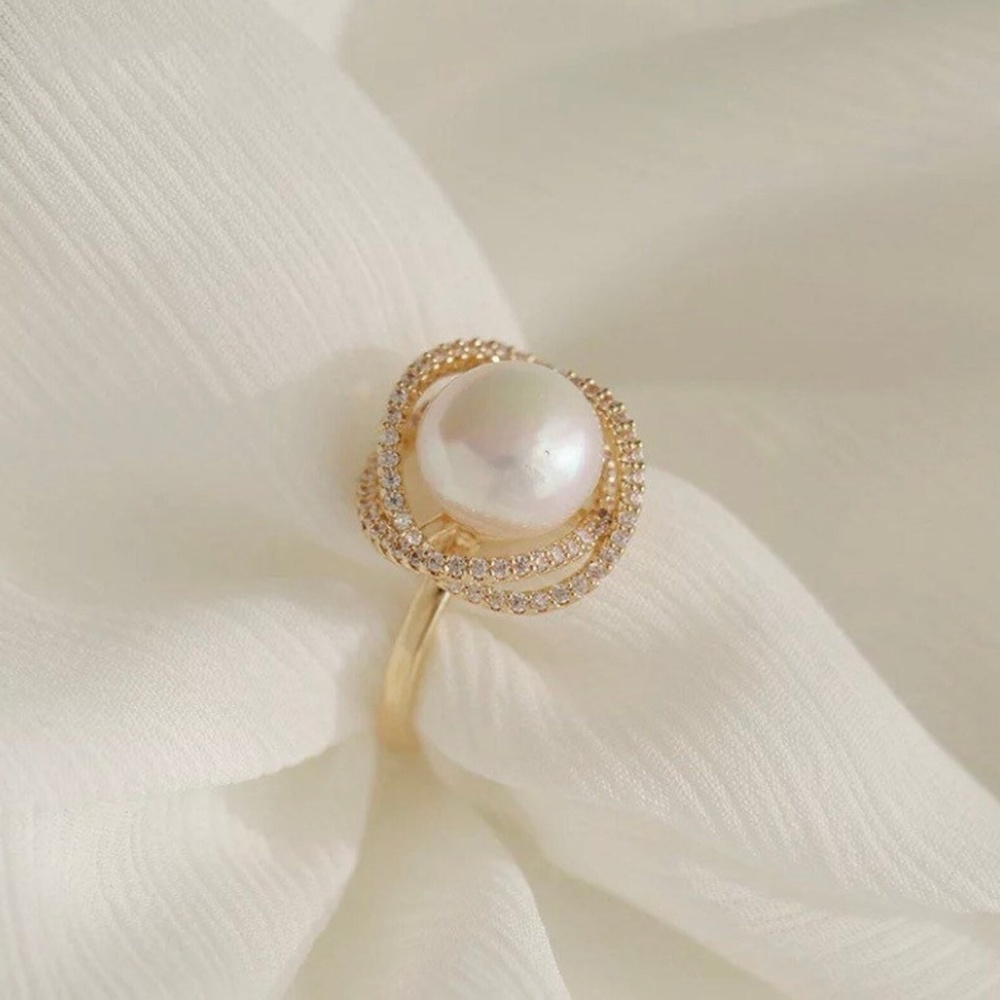 Diamond Pearl Nest Ring - Minimalist Adjustable Ring